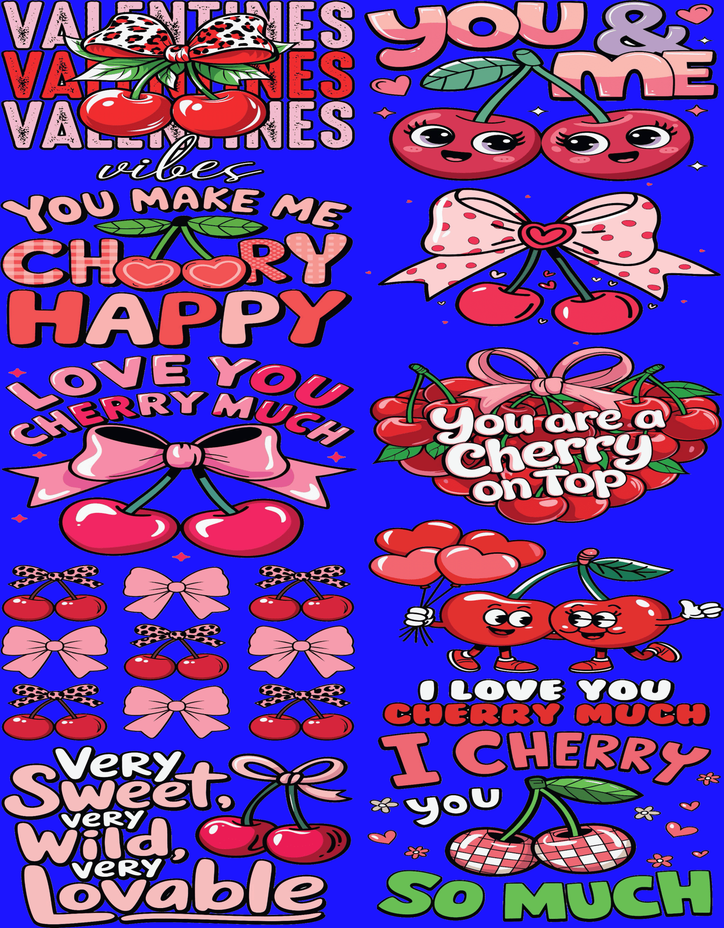 Cherry Valentine DTF Gang Sheet | Bold & Customizable | Ready - to - Press Heat Transfer - KT SUBLIMATION, DTF AND MORE LLC