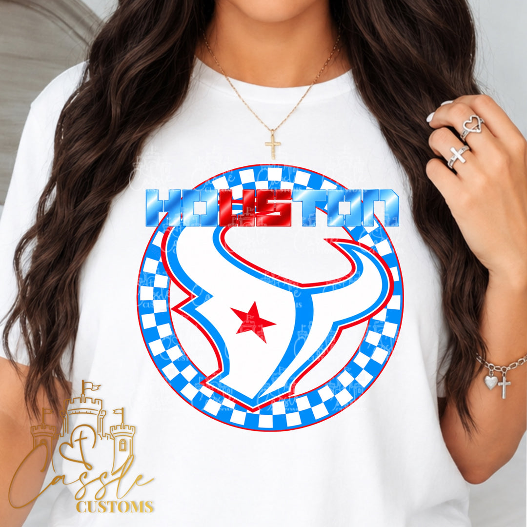 Houston Texan Rival Checkered Circle DTF Transfer – H-Town Football Game Day Design