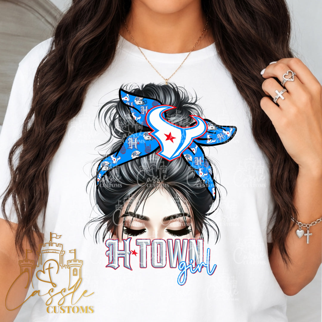 Houston Texan H-Town Girl Messy Bun Rivalry DTF Transfer – Football Game Day Design