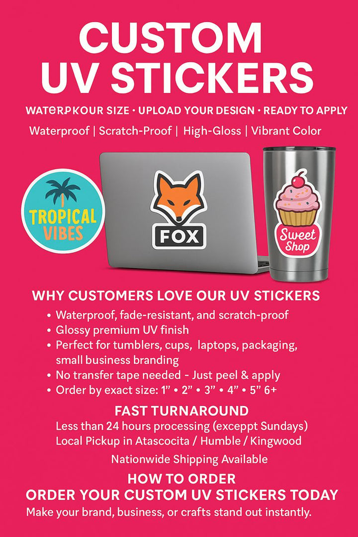 Custom UV Stickers – Choose Your Size | Waterproof, Durable, High-Gloss UV DTF Decals