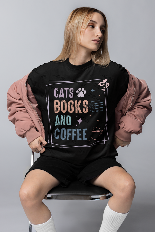 DTF transfer, cat lover gifts, book lover gifts, coffee lover gifts, reading accessories, cat quotes, book quotes, cozy design, fun design, Houston Texas
