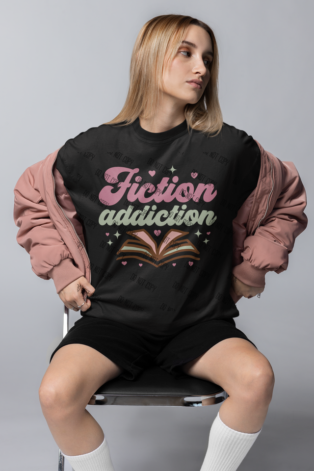 Fiction Addiction, DTF transfer, ready-to-press, book lovers, reading accessories, bookworm gifts, fiction books, literature, reading, book club, author, writer, bookstore, library
