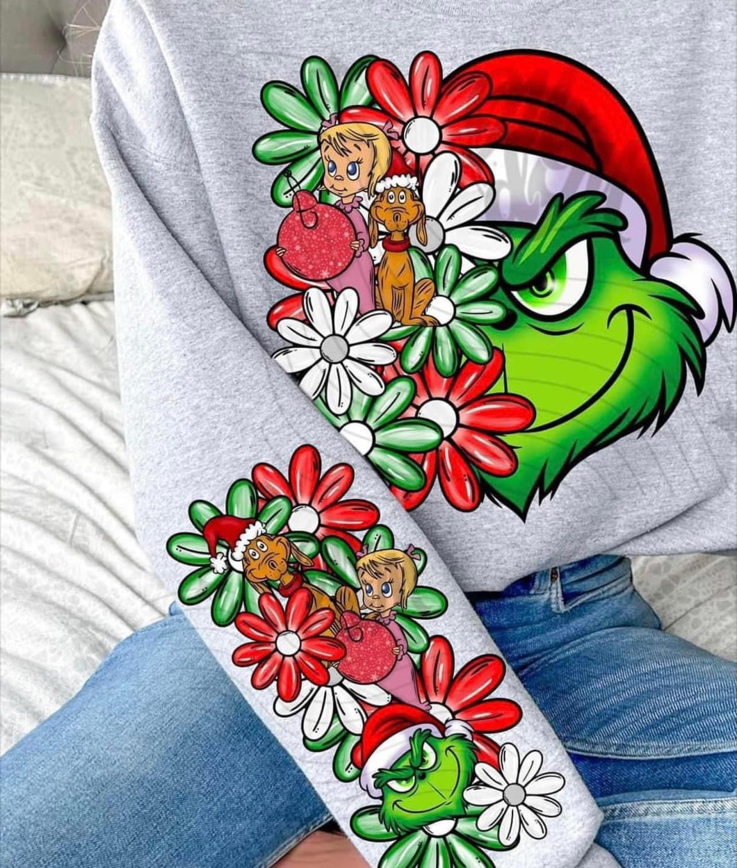 Green Man and Santa Floral 1 DTF sleeve, Green Guy Head Dark Santa Red White Green