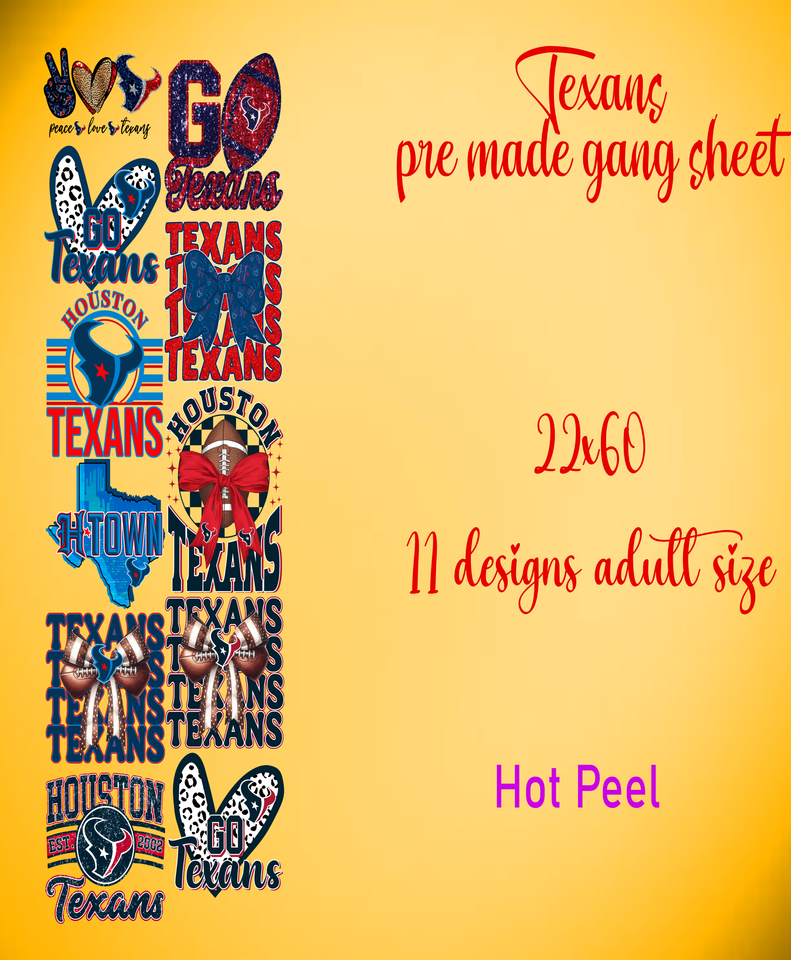 TEXANS DTF Transfer, Custom DTF Print, Custom Gang Sheet, Custom Heat Transfer, Bulk DTF Transfer, Wholesale Dtf Print, No Weeding