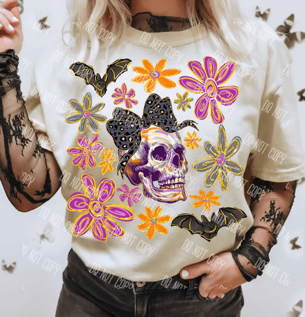 Boho Floral Halloween Skeleton DTF Transfer – Chic Spooky Season Design, Ready to Press - KT SUBLIMATION, DTF AND MORE LLC