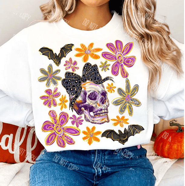 Boho Floral Halloween Skeleton DTF Transfer – Chic Spooky Season Design, Ready to Press - KT SUBLIMATION, DTF AND MORE LLC