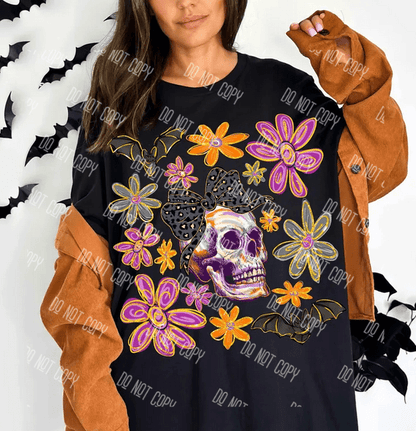 Boho Floral Halloween Skeleton DTF Transfer – Chic Spooky Season Design, Ready to Press - KT SUBLIMATION, DTF AND MORE LLC