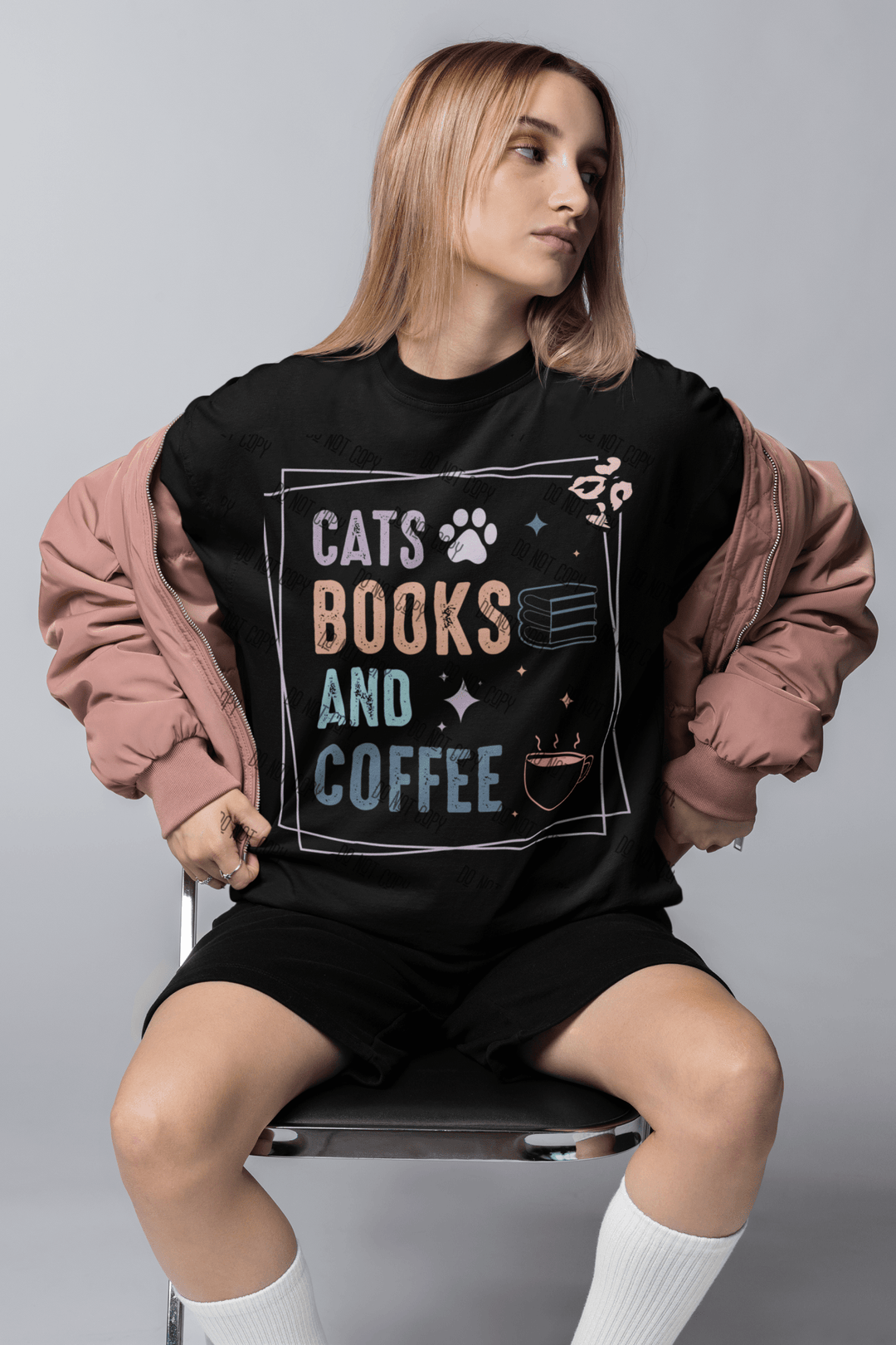 Cats, Books, and Coffee – DTF Transfer for Cat Lovers & Bookworms | Cozy & Fun Design - KT SUBLIMATION, DTF AND MORE LLC