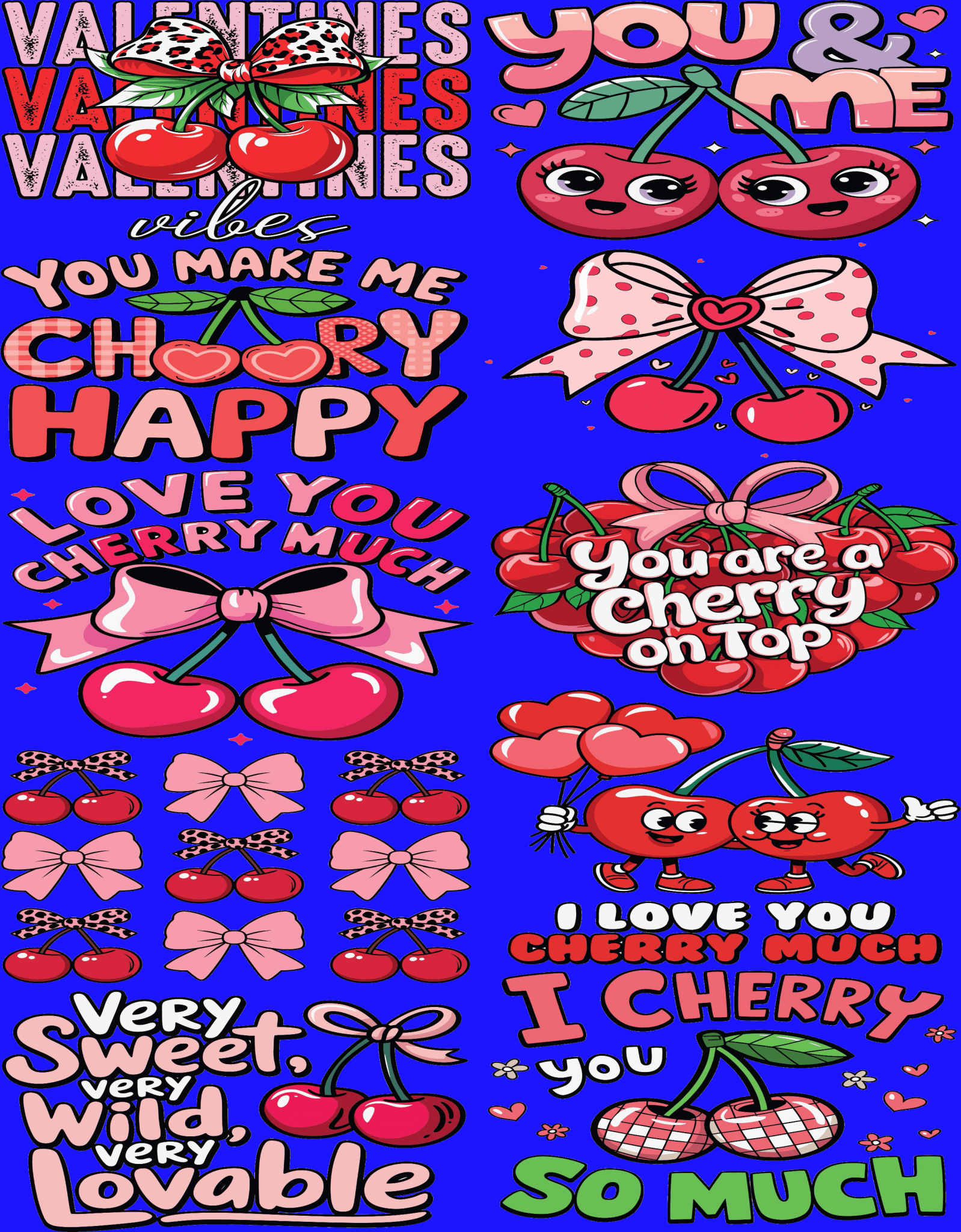 Cherry Valentine DTF Gang Sheet | Bold & Customizable | Ready - to - Press Heat Transfer - KT SUBLIMATION, DTF AND MORE LLC