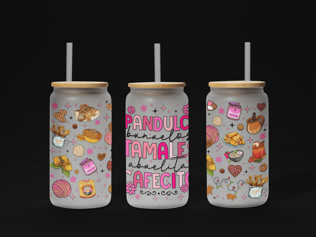 Christmas 16oz Glass Can Wrap UV, Christmas Libbey Glass Can Wrap 16oz, Christmas Calories, Mexican Christmas, Pan Dulce Glass Can Wrap - KT SUBLIMATION, DTF AND MORE LLC