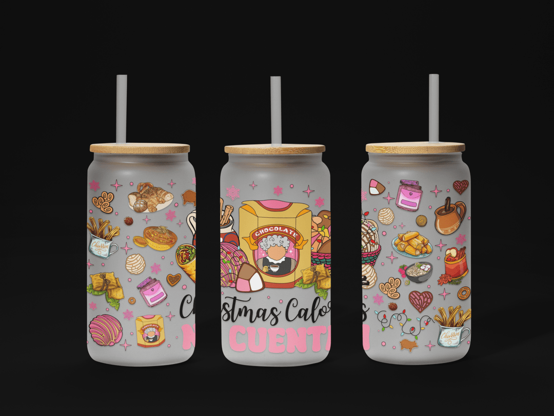 Christmas calories no cuentan 16oz Glass Can Wrap UV, Christmas Libbey Glass Can Wrap 16oz, Christmas Calories, Mexican Christmas, Pan Dulce Glass Can Wrap - KT SUBLIMATION, DTF AND MORE LLC