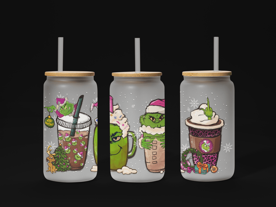 Coffee Grinch 16oz UV DTF Wrap – Waterproof & Ready to Apply for Holiday Glass Cups - KT SUBLIMATION, DTF AND MORE LLC