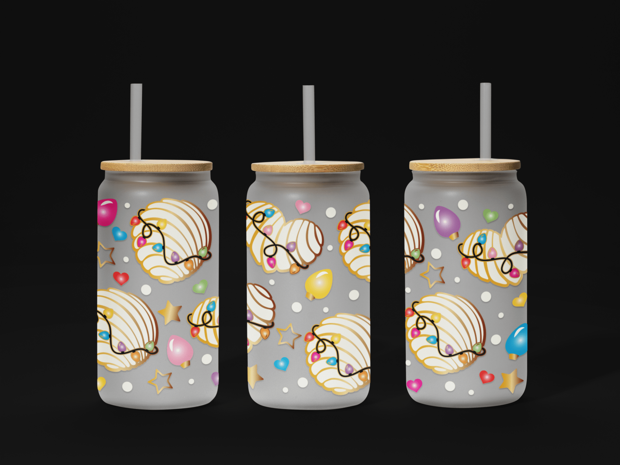 Concha Lights Christmas Concha Cafecito y Chisme UV DTF 16oz Can Glass Wrap - KT SUBLIMATION, DTF AND MORE LLC