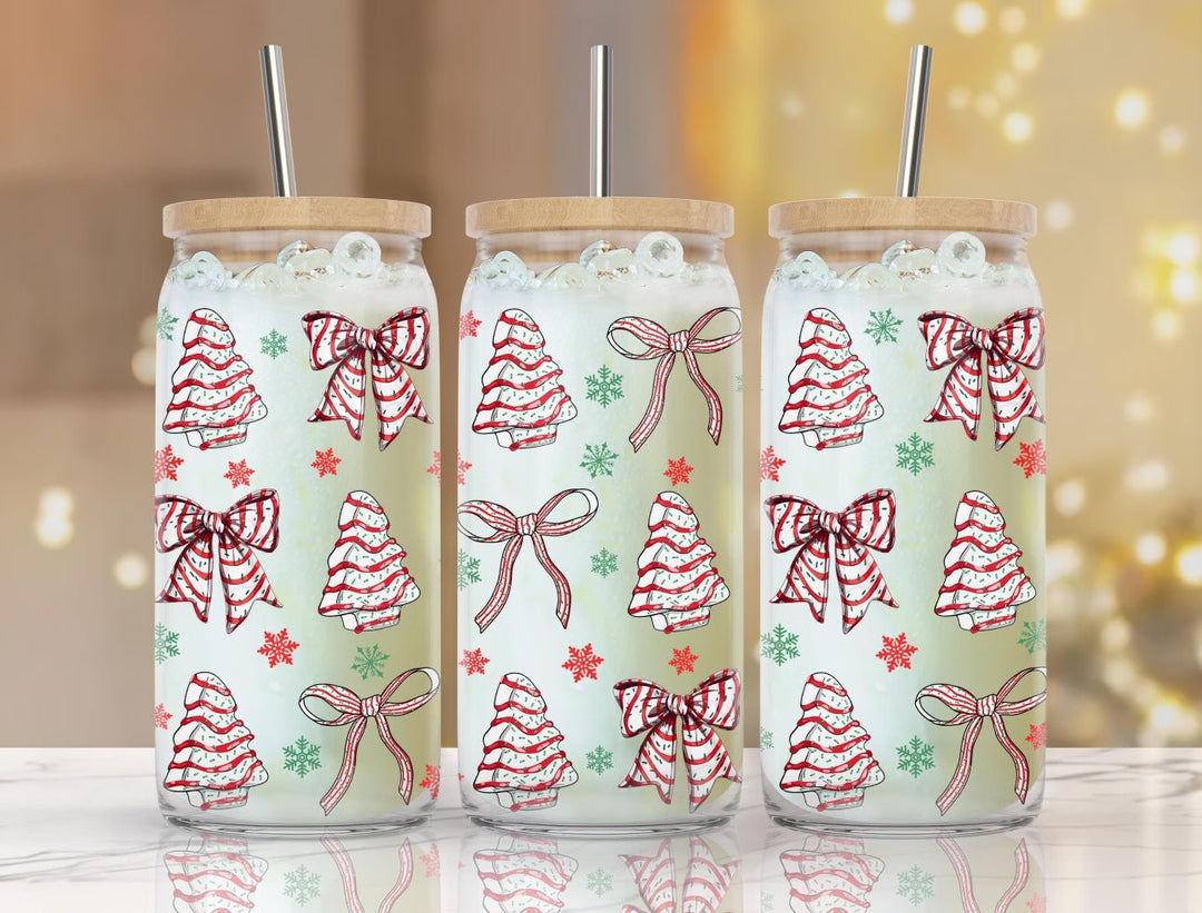 Coquette Christmas Tree Cake Design, 16oz glass can UV DTF WRAP, beer can glass wrap, festive - KT SUBLIMATION, DTF AND MORE LLC