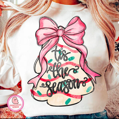 Coquette Pink Christmas Tree Cake DTF Transfer – Watercolor Holiday “Tis the Season” Design - KT SUBLIMATION, DTF AND MORE LLC