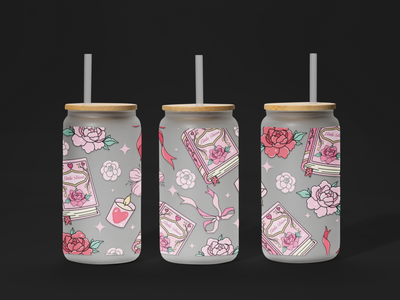 Reading Girl UV DTF Wrap | 16oz Glass Cup Design