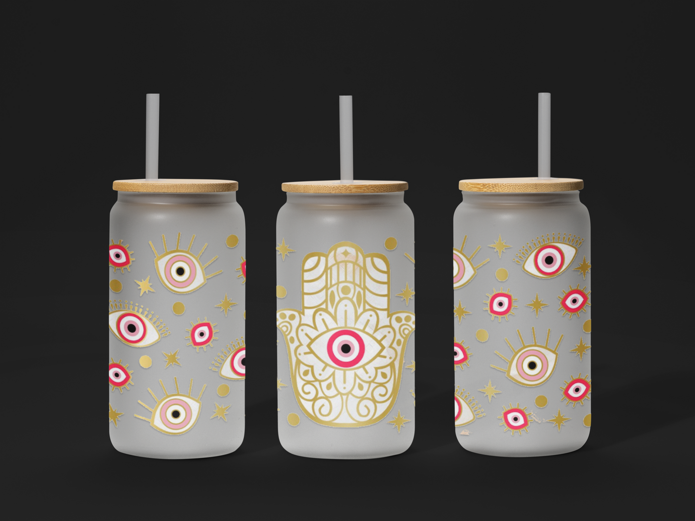 UV DTF Evil Eye Hamsa Good Vibes Energy Pink Gold Hearts 16oz Cup Wrap