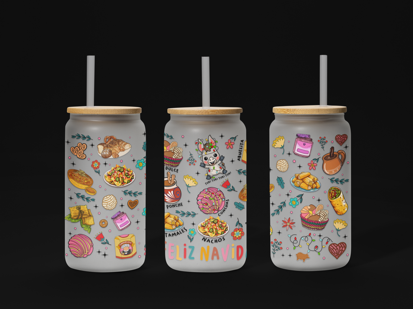 Feliz Navidad, Christmas 16oz Glass Can Wrap UV, Christmas Libbey Glass Can Wrap 16oz, Christmas Calories, Mexican Christmas, Pan Dulce Glass Can Wrap
