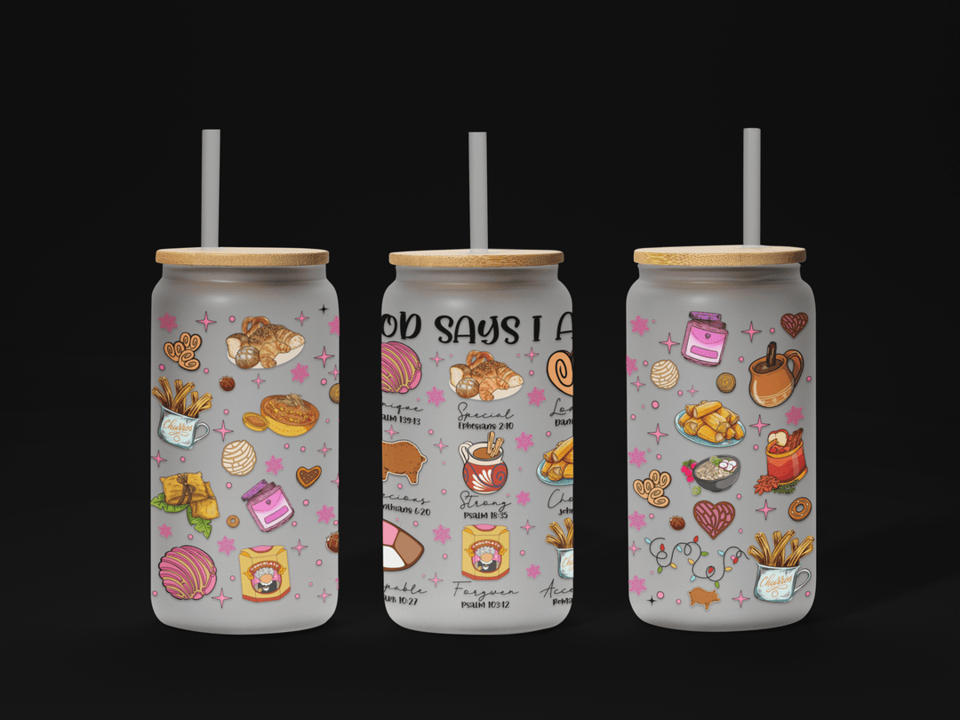 God says I am Christmas 16oz Glass Can Wrap UV, Christmas Libbey Glass Can Wrap 16oz, Christmas Calories, Mexican Christmas, Pan Dulce Glass Can Wrap - KT SUBLIMATION, DTF AND MORE LLC