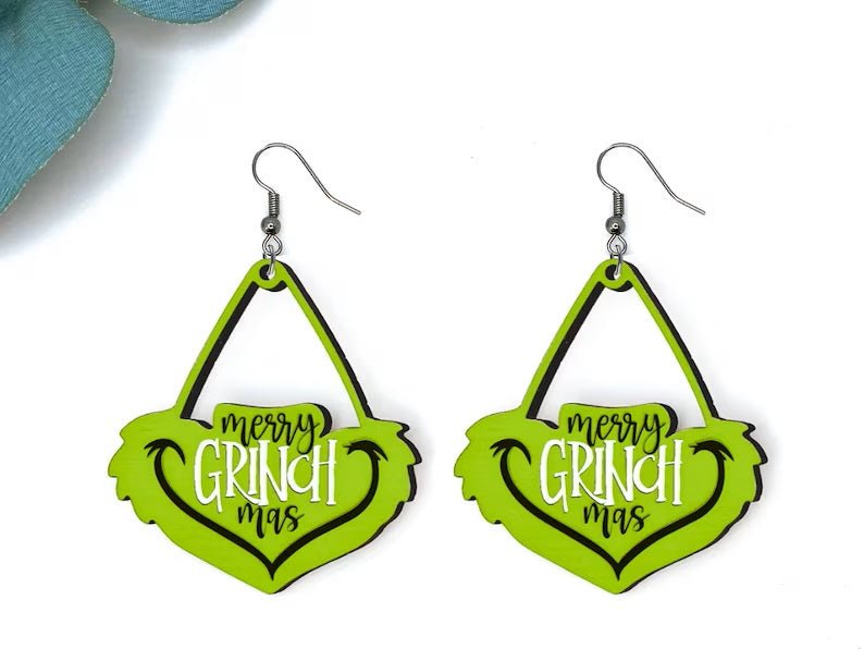 Grinch Dangle Earrings – Handmade Holiday Earrings for Christmas Spirit with a Twist - KT SUBLIMATION, DTF AND MORE LLC
