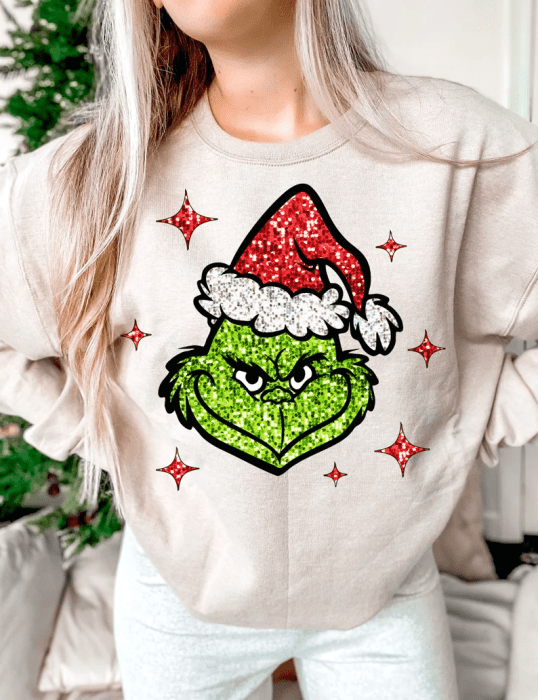Grinch Sequin Christmas DTF, Direct to Film Transfer - KT SUBLIMATION, DTF AND MORE LLC