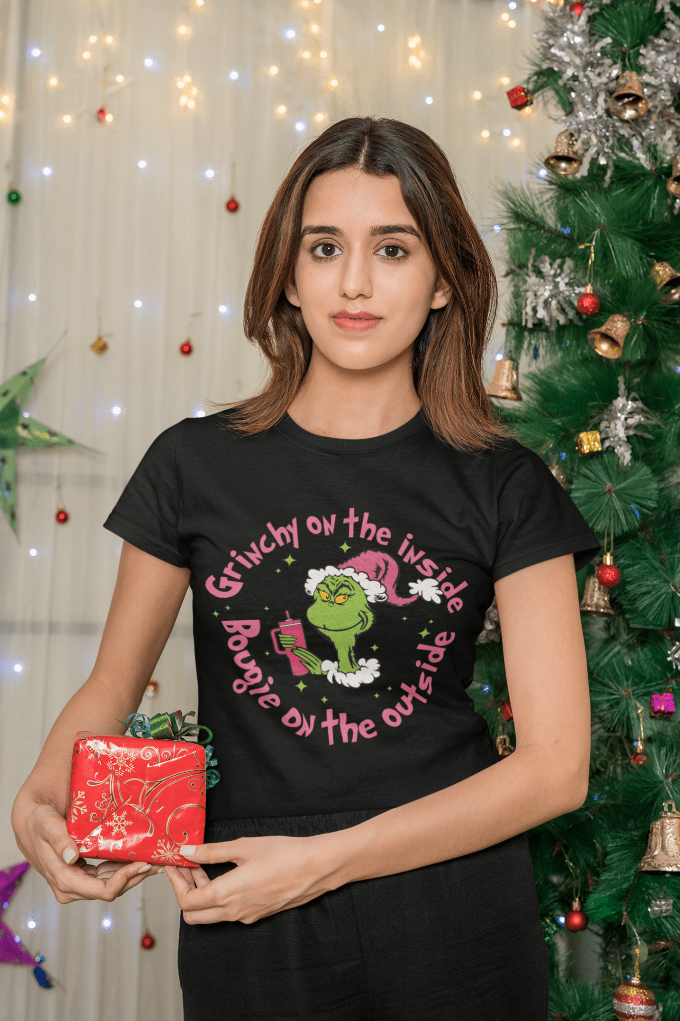 Grinchy on the Inside, Bougie on the Outside DTF – funny Christmas transfer for sassy women. Ready-to-press, vibrant, and full of holiday attitude!