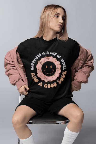"Happiness is a Cup of Coffee and a Good Book" – DTF Transfer for Book and Coffee Lovers | Cozy & Heartwarming Design - KT SUBLIMATION, DTF AND MORE LLC