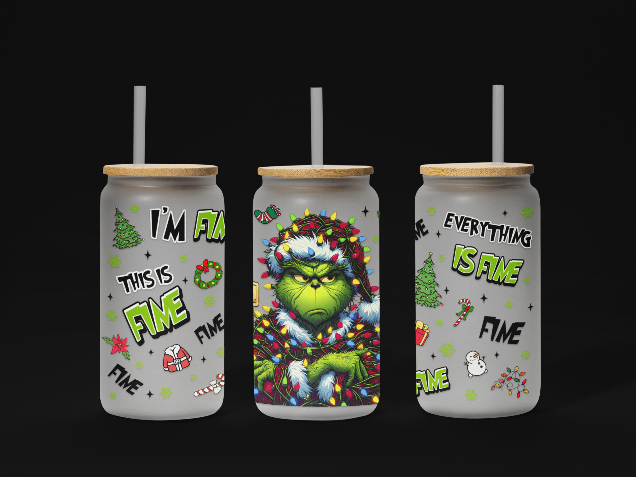 I'm Fine, Everything is Fine Christmas 16oz UV DTF Glass Can Wrap, Funny Christmas Glass Wrap, Waiting for christmas - KT SUBLIMATION, DTF AND MORE LLC