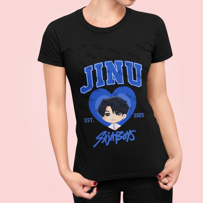 Black t-shirt featuring cartoon character 'JINU' and 'SIA BOYS' design, stylish anime-inspired fashion.