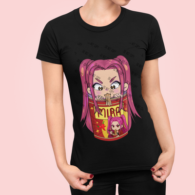K-Pop Demon Hunter DTF transfer on black t-shirt featuring anime character with pink hair and fierce expression.