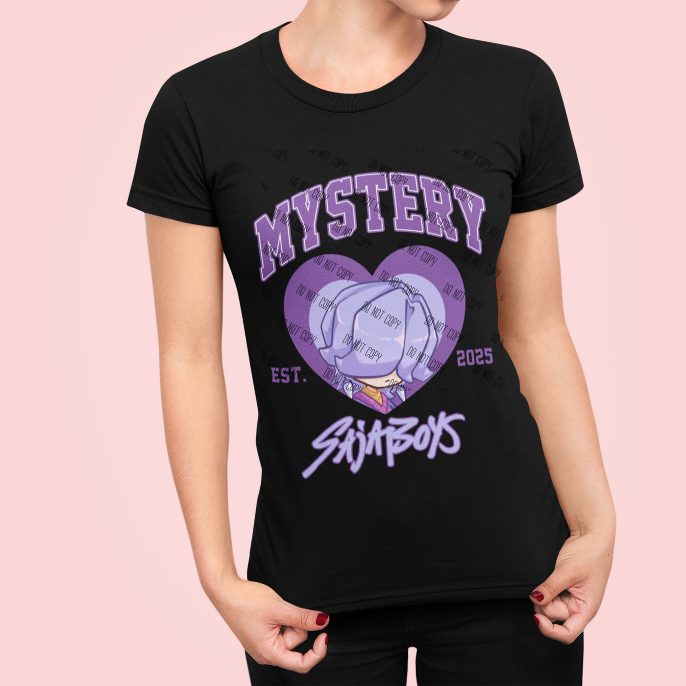 K-Pop inspired black shirt featuring a cartoon design with the word 'MYSTERY' and the brand 'SIA BOYS' est. 2025.