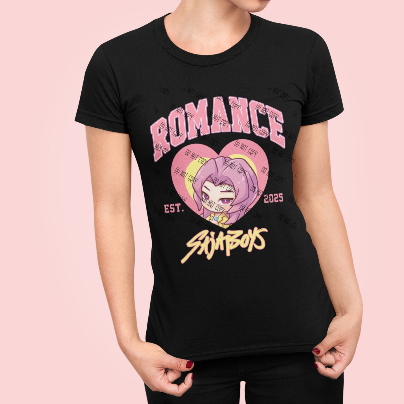 K-Pop Demon Hunter DTF Transfer on black T-shirt featuring anime-inspired design and bold text.