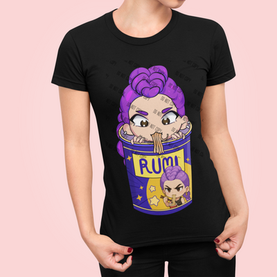 K-Pop anime-inspired t-shirt design featuring a character in a noodle cup with purple hair.