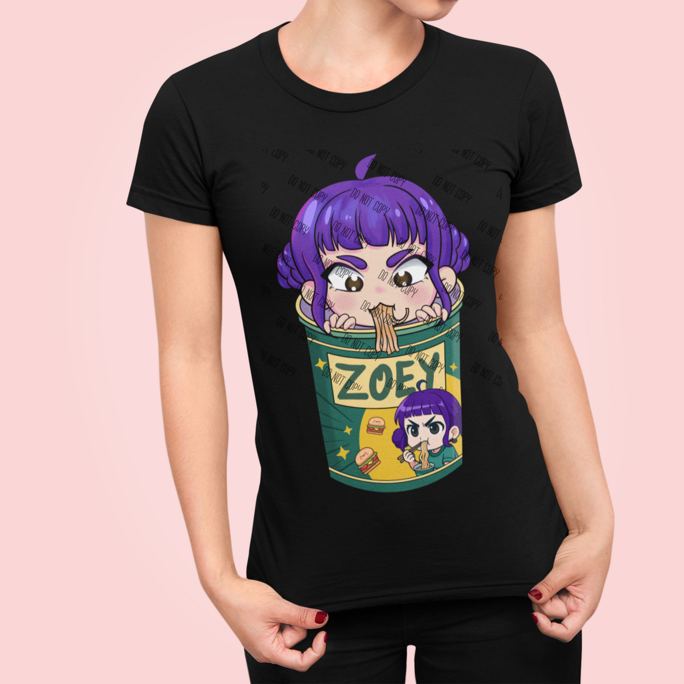 Anime-inspired black t-shirt featuring a cute character named Zoey eating noodles in a playful design.