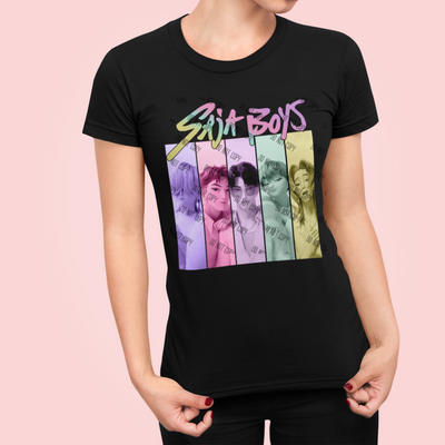 K-Pop inspired DTF transfer t-shirt featuring colorful designs and bold graphics for fans of anime and streetwear.