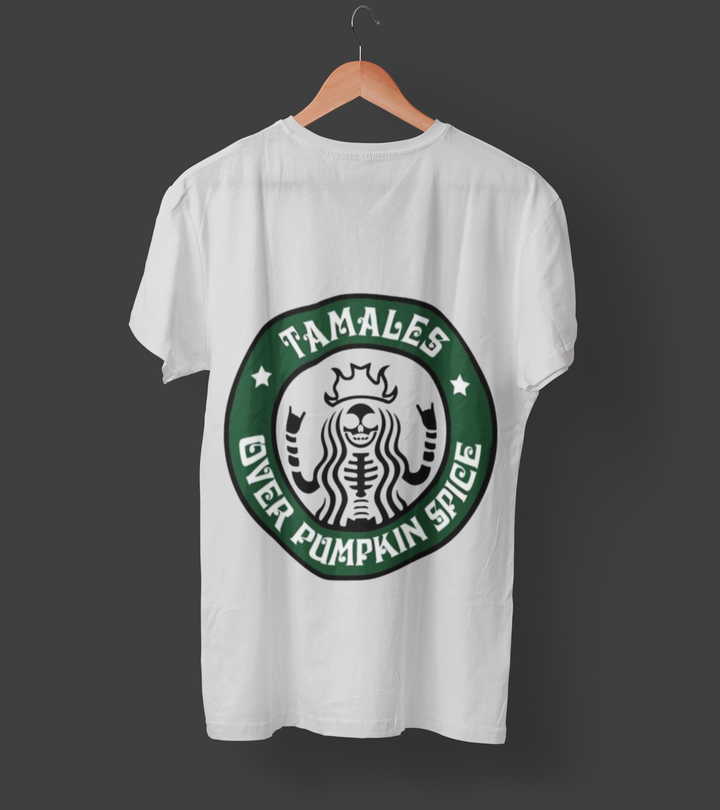 Tamales Over Pumpkin Spice DTF Transfer – Funny Hispanic Holiday Design, Ready to Press on Black Shirts