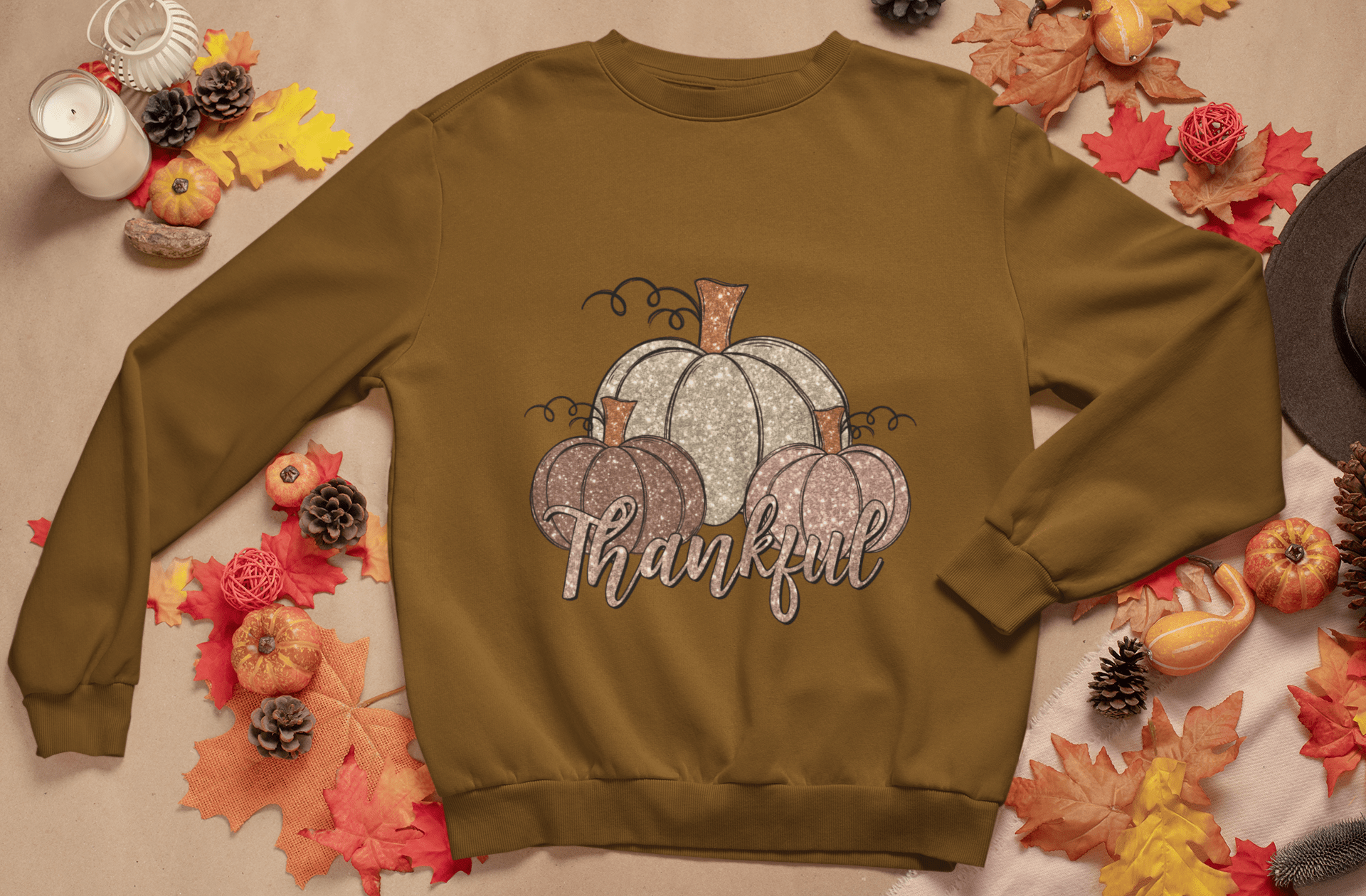 Pumpkin Fall Thankful Glitter DTF Transfer – Cozy Autumn Ready - to - Press Design - KT SUBLIMATION, DTF AND MORE LLC