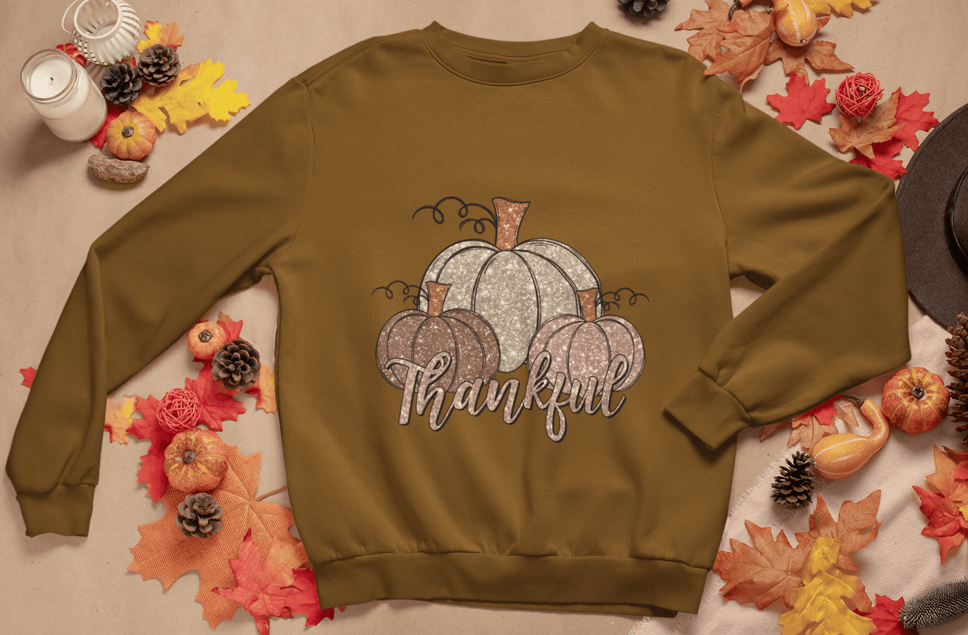 Pumpkin Fall Thankful Glitter DTF Transfer – Cozy Autumn Ready - to - Press Design - KT SUBLIMATION, DTF AND MORE LLC