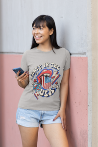 America t-shirt design featuring a stylized American flag graphic