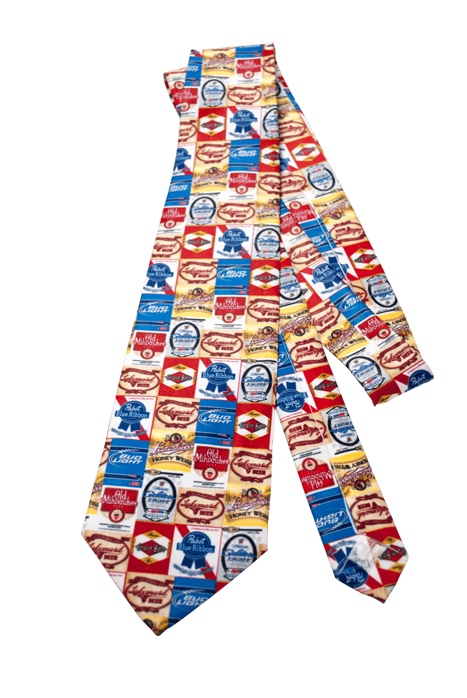 Colorful sublimation necktie with vintage-inspired logos, perfect for custom designs and creative fashion accessories.