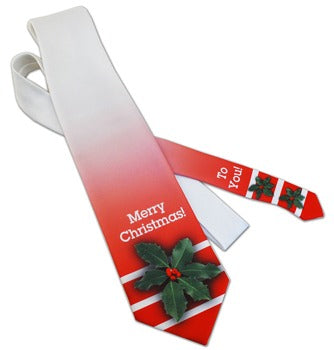 Sublimation necktie featuring a red and white design with 'Merry Christmas!' and festive holly, perfect for personalized gifts.