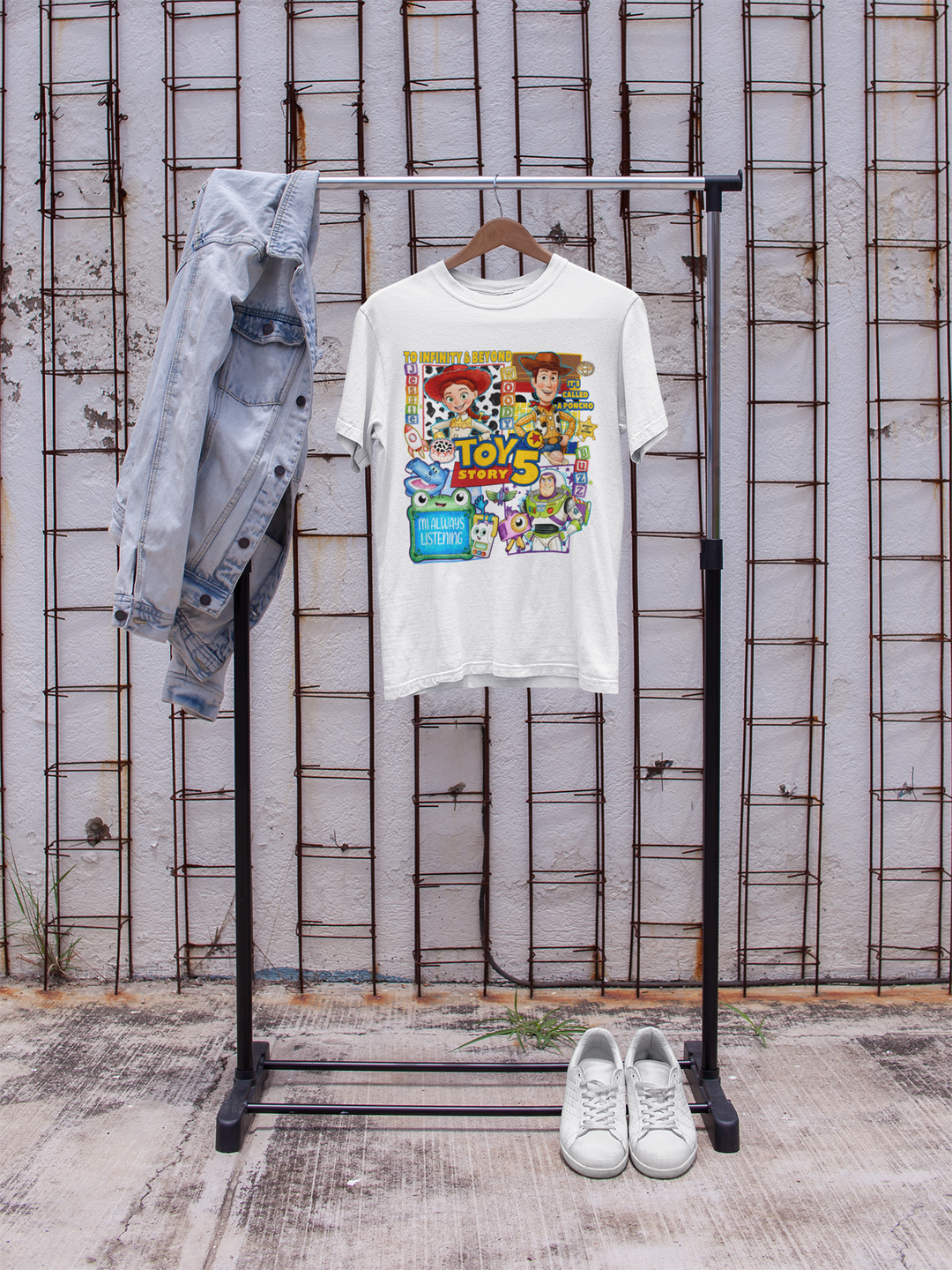 Toy Story "You've Got a Friend in Me" ready-to-press DTF transfer featuring Woody, Buzz Lightyear, Jessie, Alien, Lotso, Forky, and other colorful Pixar-inspired characters for custom apparel.