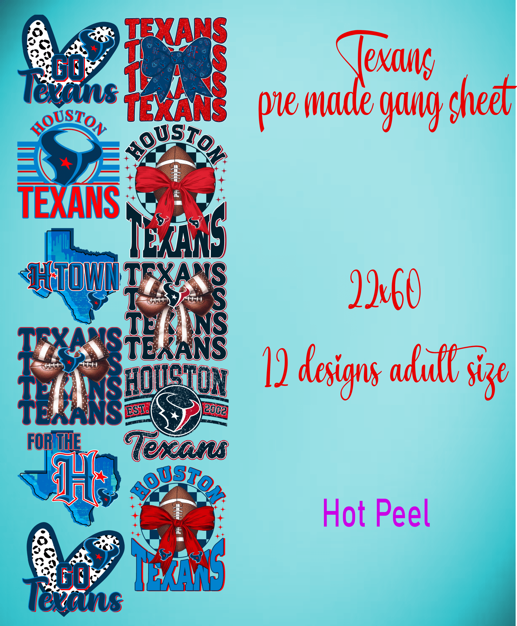 TEXANS DTF Transfer, Custom DTF Print, Custom Gang Sheet, Custom Heat Transfer, Bulk DTF Transfer, Wholesale Dtf Print, No Weeding - KT SUBLIMATION, DTF AND MORE LLC