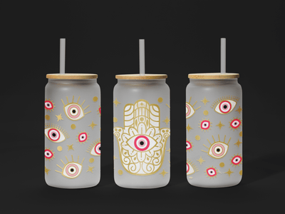 UV DTF Evil Eye Hamsa Good Vibes Energy Pink Gold Hearts 16oz Cup Wrap - KT SUBLIMATION, DTF AND MORE LLC