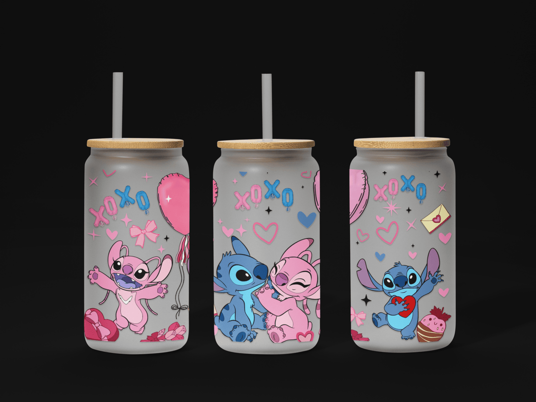 Valentine Couple Cartoon UV DTF Wrap – 16oz Libbey Glass Ready to Apply!" 💕🥤✨ - KT SUBLIMATION, DTF AND MORE LLC