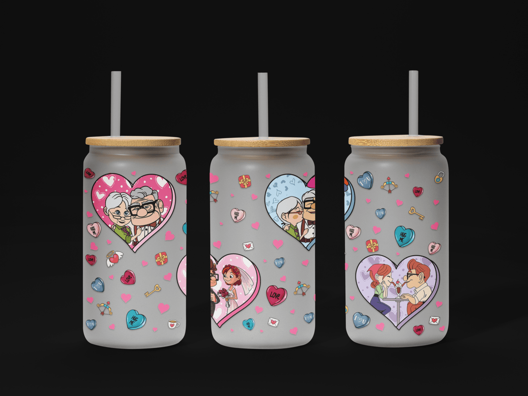 Valentine Couple Cartoon UV DTF Wrap – 16oz Libbey Glass Ready to Apply!" 💕🥤✨ - KT SUBLIMATION, DTF AND MORE LLC