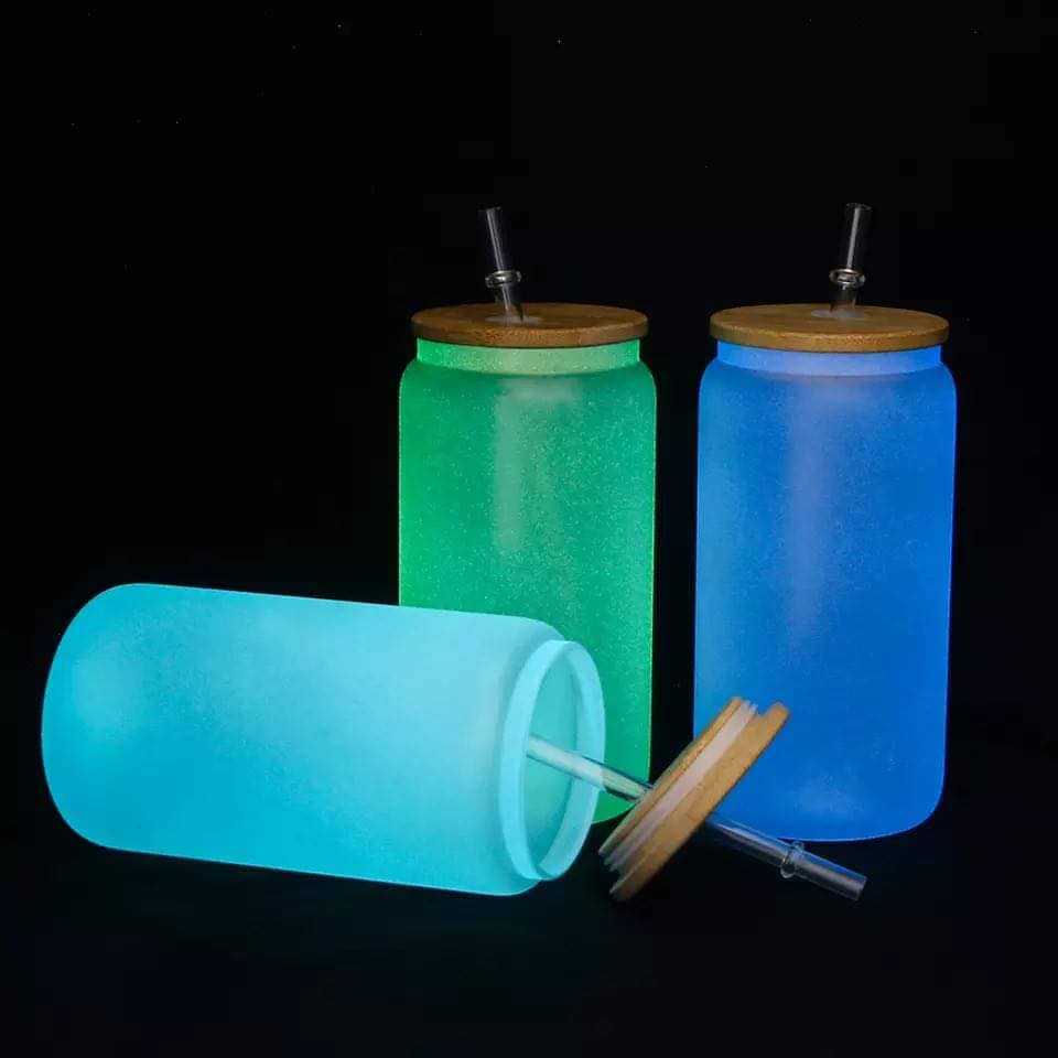 GLOW IN THE DARK 16oz Can Beer Glass Cup Bamboo Lid Sublimation