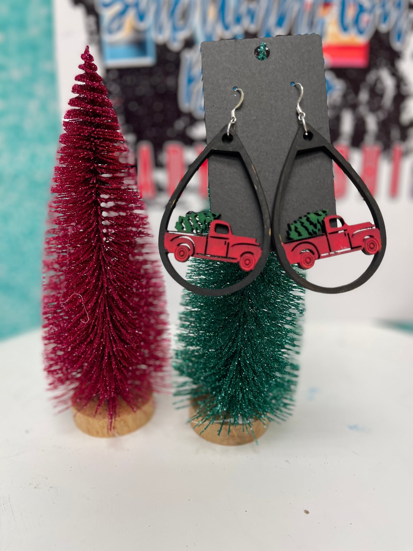 Wooden Red Truck with Tree Earrings – Festive & Classic Christmas Style!"