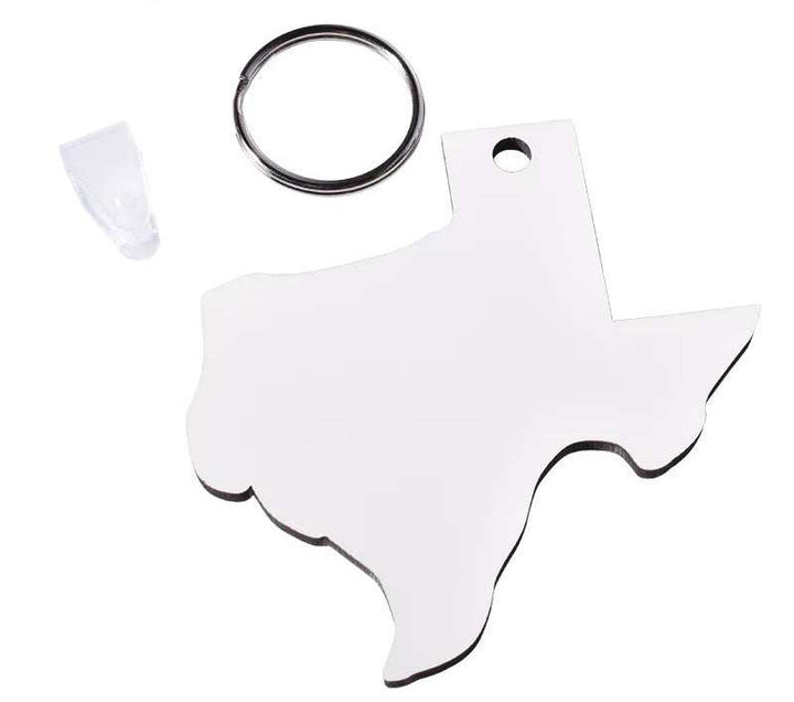 Texas sublimation keychain MDF blank in the shape of Texas with key ring and attachment clip for customization