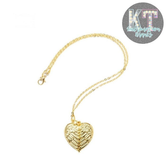 Sublimation Blanks Angel Wings Heart Necklace. Locket Necklace with Magnetic closure In Golden - KT SUBLIMATION, DTF AND MORE LLC